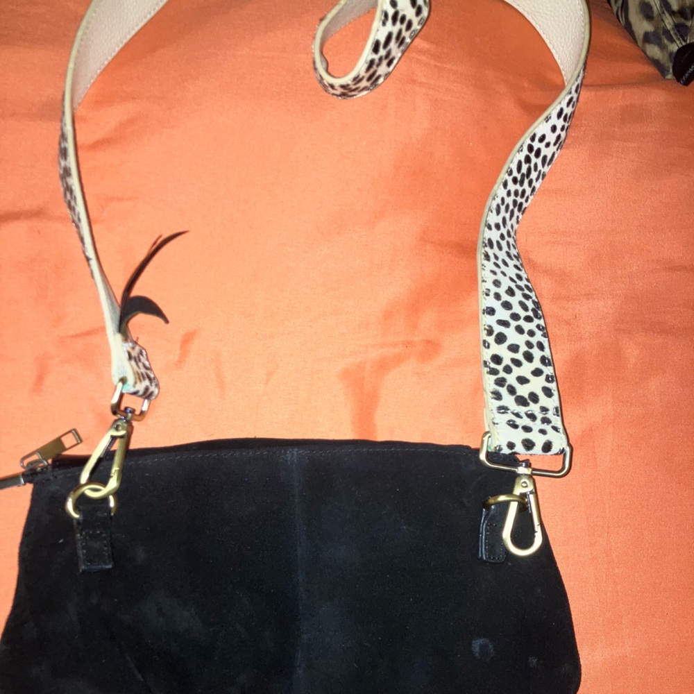 Anthropologie Black Suede Crossbody Bag with Animal Print Strap
